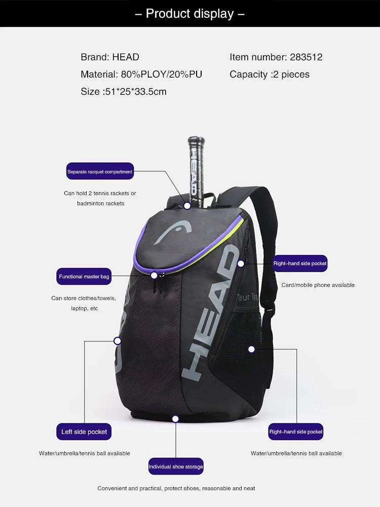 Tennis Backpack - Lightweight Sports Bag With Separated Shoe Compartment | HEAD Brand - ZOOMNSTORE
