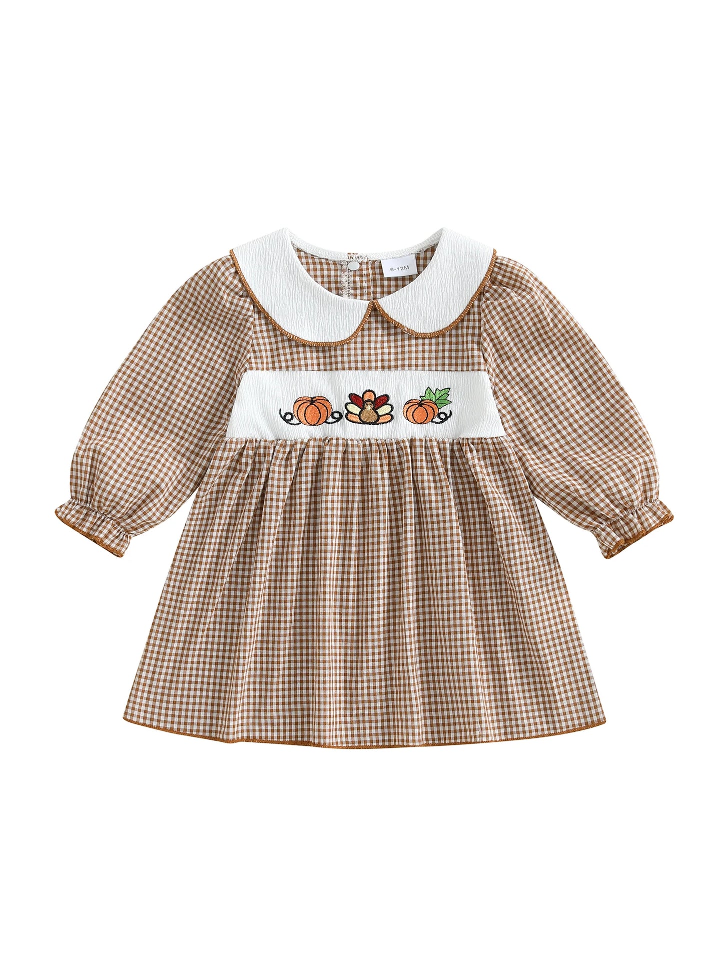 Thanksgiving Plaid Dress - Toddler Girls Pumpkin Embroidery Long Sleeve Dress - ZOOMNSTORE