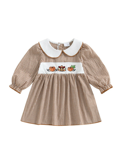 Thanksgiving Plaid Dress - Toddler Girls Pumpkin Embroidery Long Sleeve Dress - ZOOMNSTORE