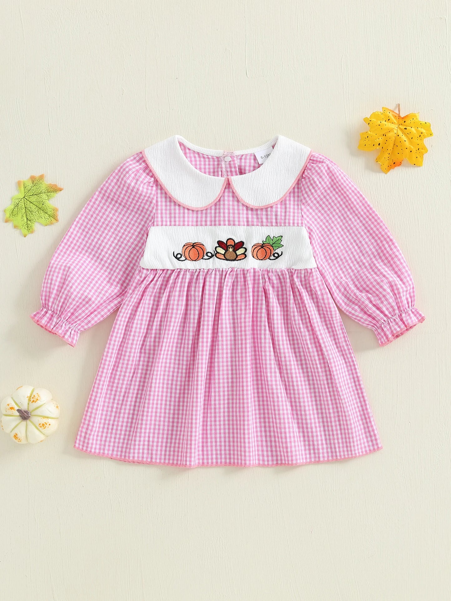 Thanksgiving Plaid Dress - Toddler Girls Pumpkin Embroidery Long Sleeve Dress - ZOOMNSTORE