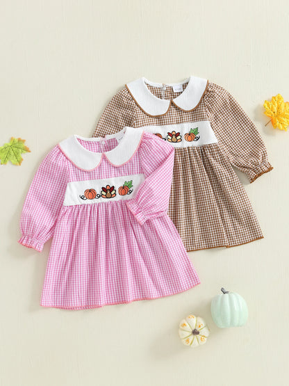 Thanksgiving Plaid Dress - Toddler Girls Pumpkin Embroidery Long Sleeve Dress - ZOOMNSTORE