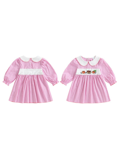 Thanksgiving Plaid Dress - Toddler Girls Pumpkin Embroidery Long Sleeve Dress - ZOOMNSTORE