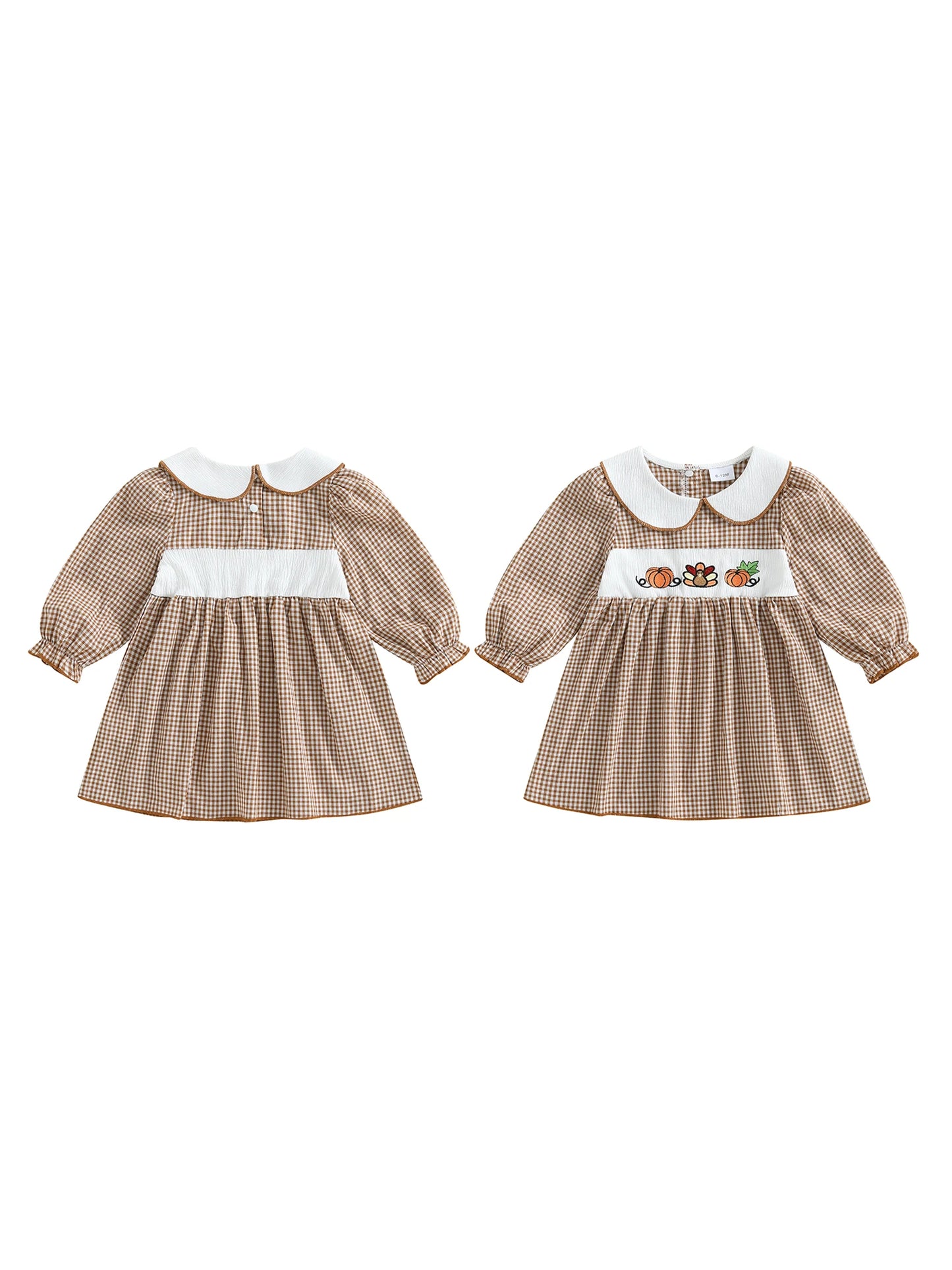 Thanksgiving Plaid Dress - Toddler Girls Pumpkin Embroidery Long Sleeve Dress - ZOOMNSTORE