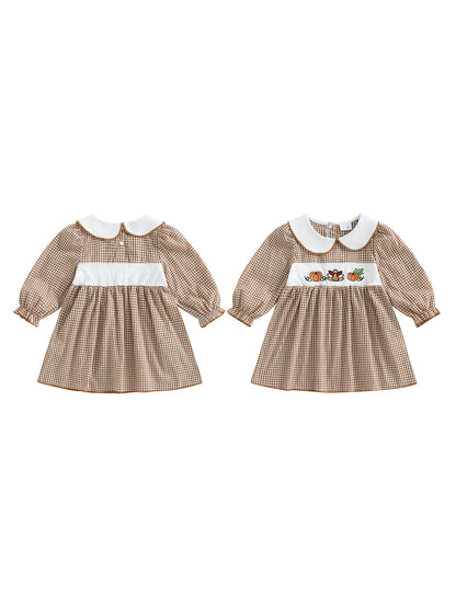 Thanksgiving Plaid Dress - Toddler Girls Pumpkin Embroidery Long Sleeve Dress - ZOOMNSTORE