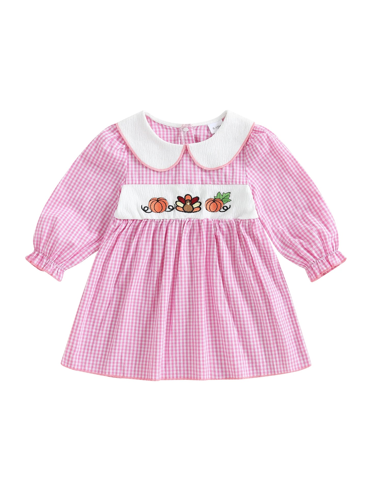 Thanksgiving Plaid Dress - Toddler Girls Pumpkin Embroidery Long Sleeve Dress - ZOOMNSTORE