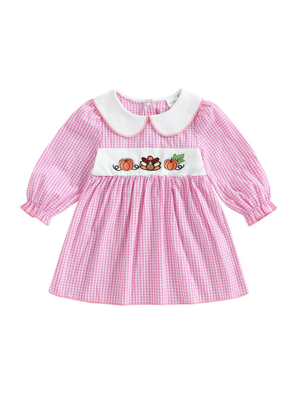 Thanksgiving Plaid Dress - Toddler Girls Pumpkin Embroidery Long Sleeve Dress - ZOOMNSTORE