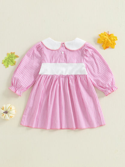 Thanksgiving Plaid Dress - Toddler Girls Pumpkin Embroidery Long Sleeve Dress - ZOOMNSTORE