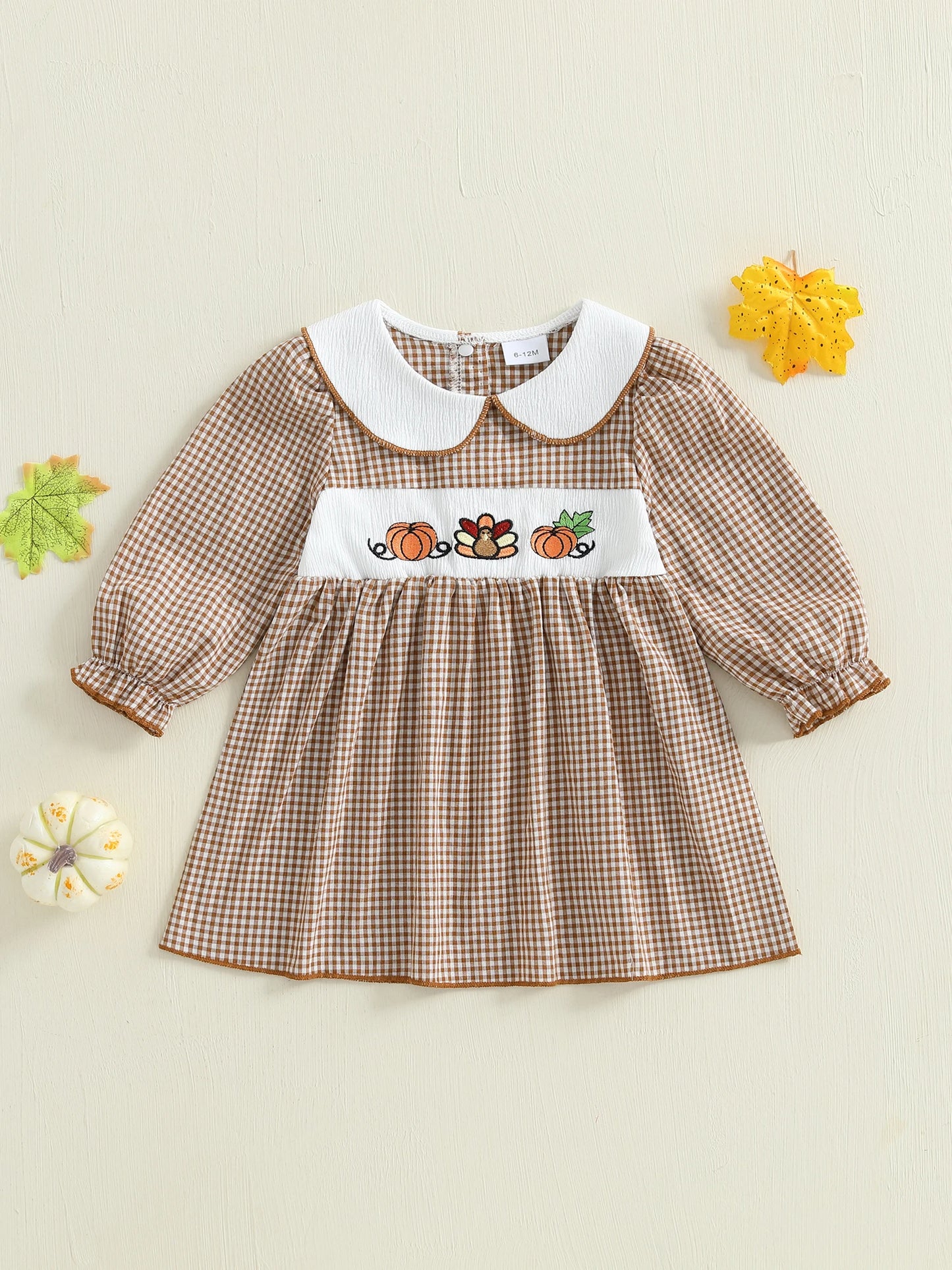 Thanksgiving Plaid Dress - Toddler Girls Pumpkin Embroidery Long Sleeve Dress - ZOOMNSTORE