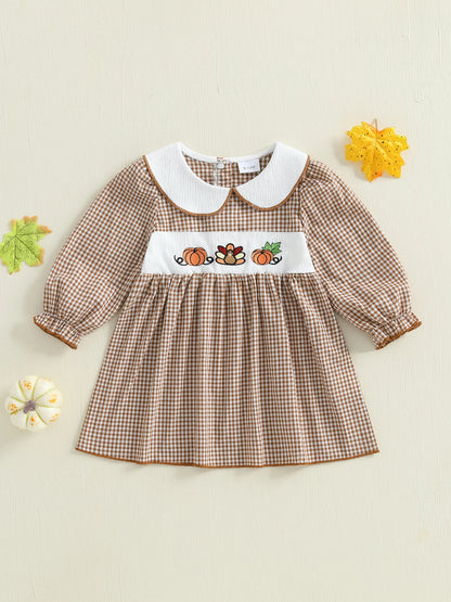 Thanksgiving Plaid Dress - Toddler Girls Pumpkin Embroidery Long Sleeve Dress - ZOOMNSTORE