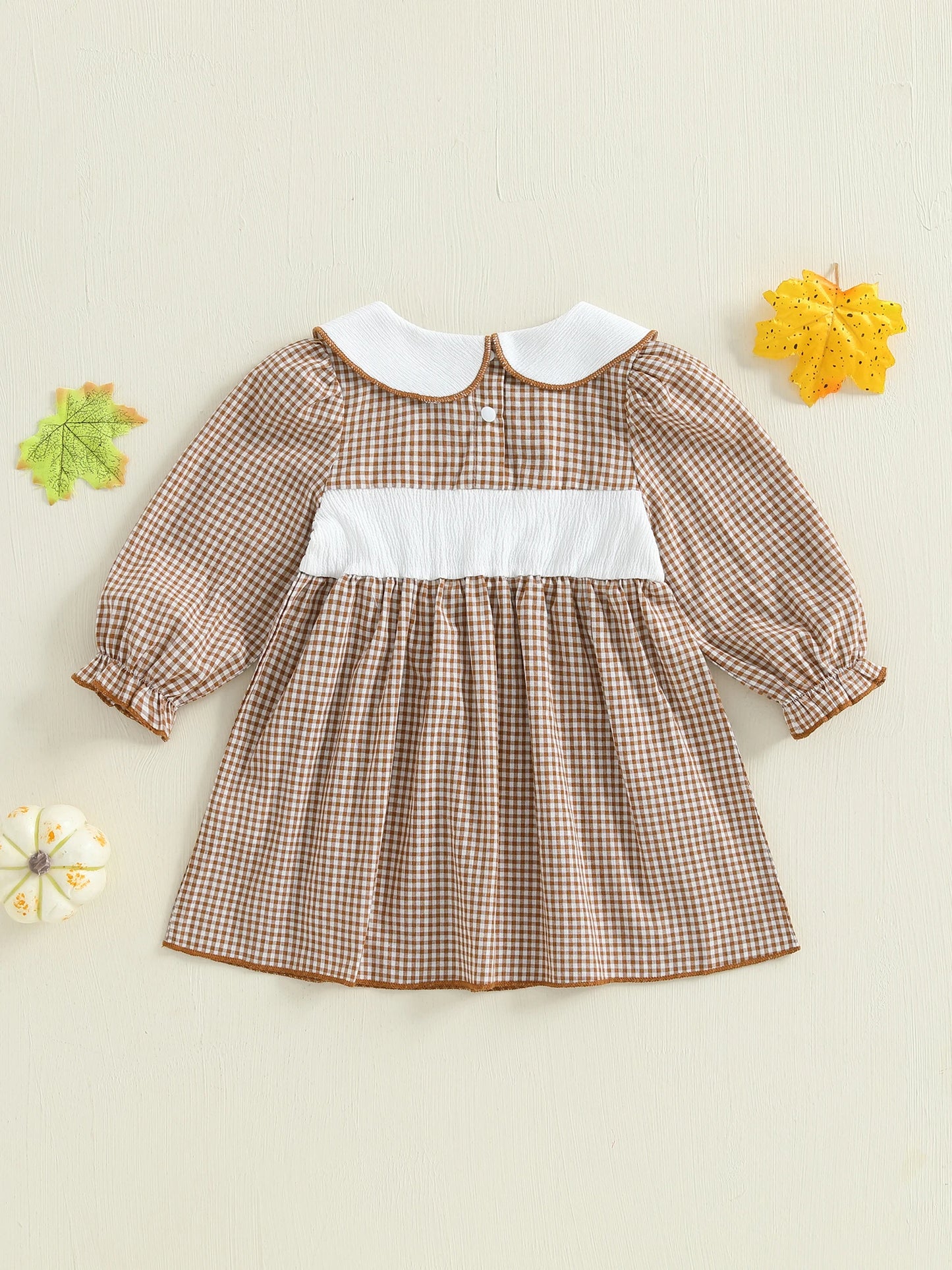 Thanksgiving Plaid Dress - Toddler Girls Pumpkin Embroidery Long Sleeve Dress - ZOOMNSTORE