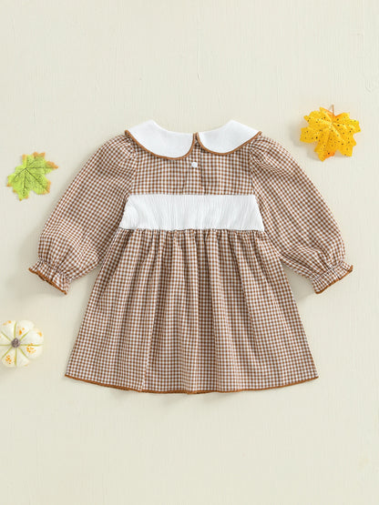 Thanksgiving Plaid Dress - Toddler Girls Pumpkin Embroidery Long Sleeve Dress - ZOOMNSTORE