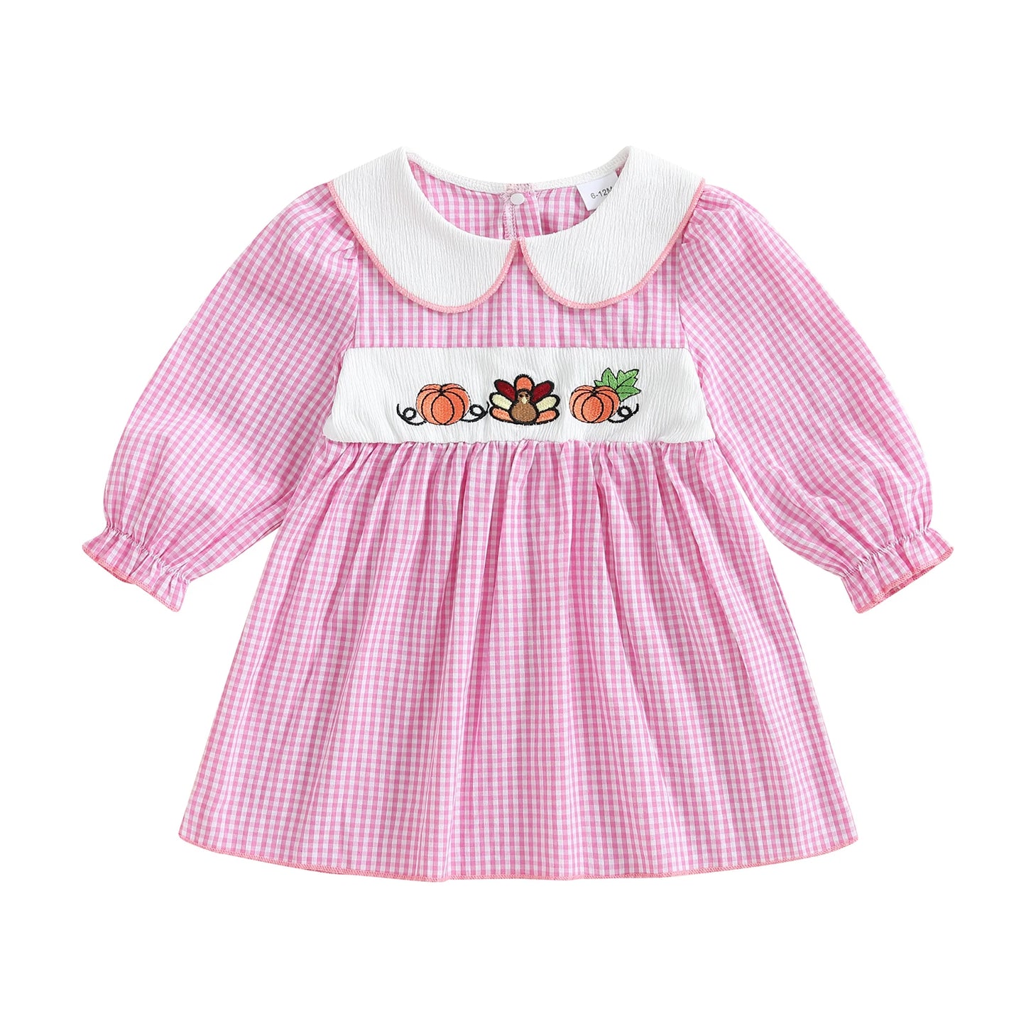 Thanksgiving Plaid Dress - Toddler Girls Pumpkin Embroidery Long Sleeve Dress - ZOOMNSTORE
