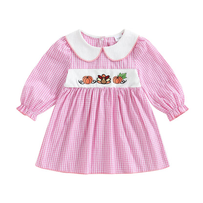 Thanksgiving Plaid Dress - Toddler Girls Pumpkin Embroidery Long Sleeve Dress - ZOOMNSTORE