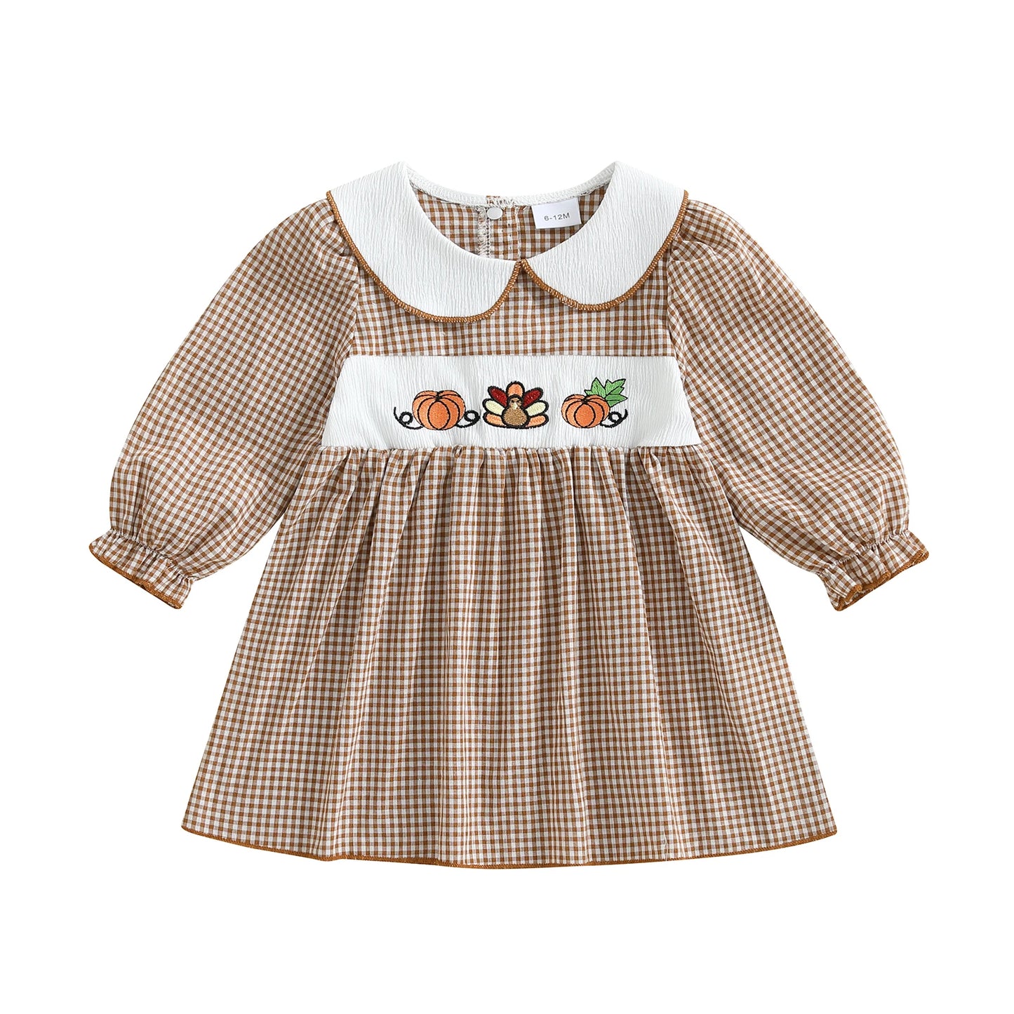 Thanksgiving Plaid Dress - Toddler Girls Pumpkin Embroidery Long Sleeve Dress - ZOOMNSTORE