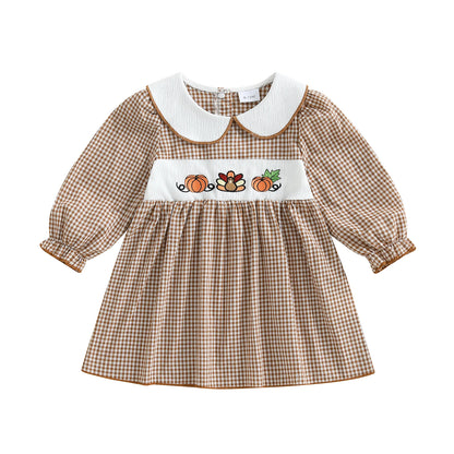 Thanksgiving Plaid Dress - Toddler Girls Pumpkin Embroidery Long Sleeve Dress - ZOOMNSTORE