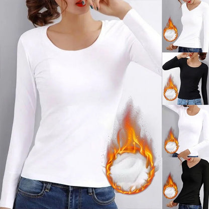Thermal Crop Top - Women's Long Sleeve Slim Fit Black Velvet Tee With Heating Fiber - ZOOMNSTORE