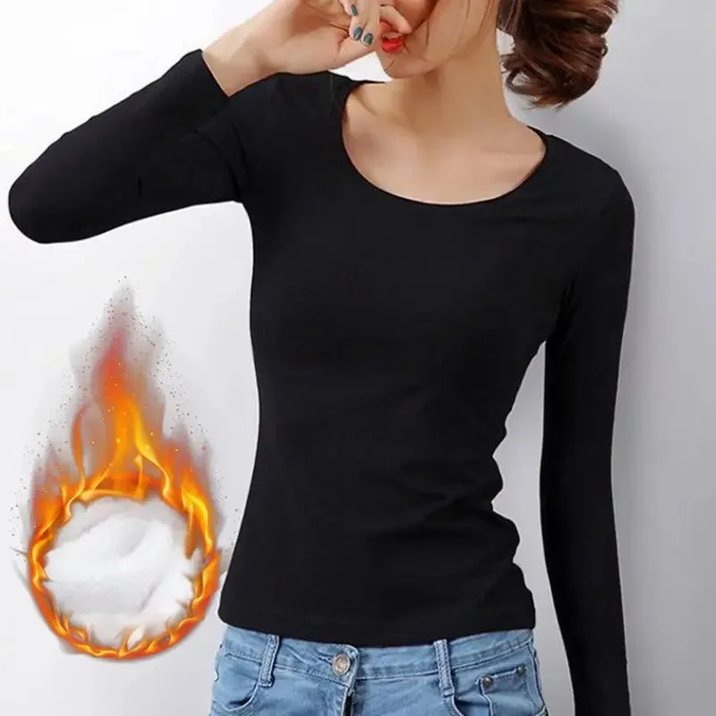 Thermal Crop Top - Women's Long Sleeve Slim Fit Black Velvet Tee With Heating Fiber - ZOOMNSTORE