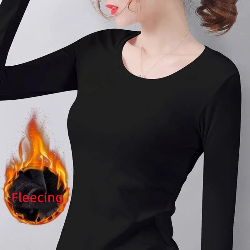 Thermal Crop Top - Women's Long Sleeve Slim Fit Black Velvet Tee With Heating Fiber - ZOOMNSTORE