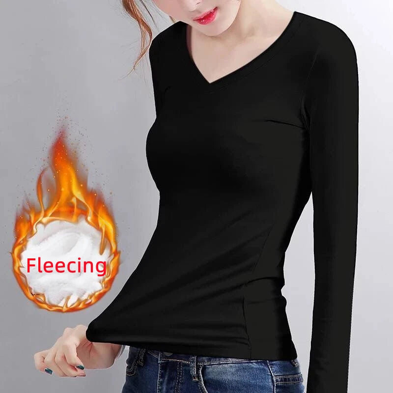 Thermal Crop Top - Women's Long Sleeve Slim Fit Black Velvet Tee With Heating Fiber - ZOOMNSTORE