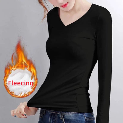 Thermal Crop Top - Women's Long Sleeve Slim Fit Black Velvet Tee With Heating Fiber - ZOOMNSTORE
