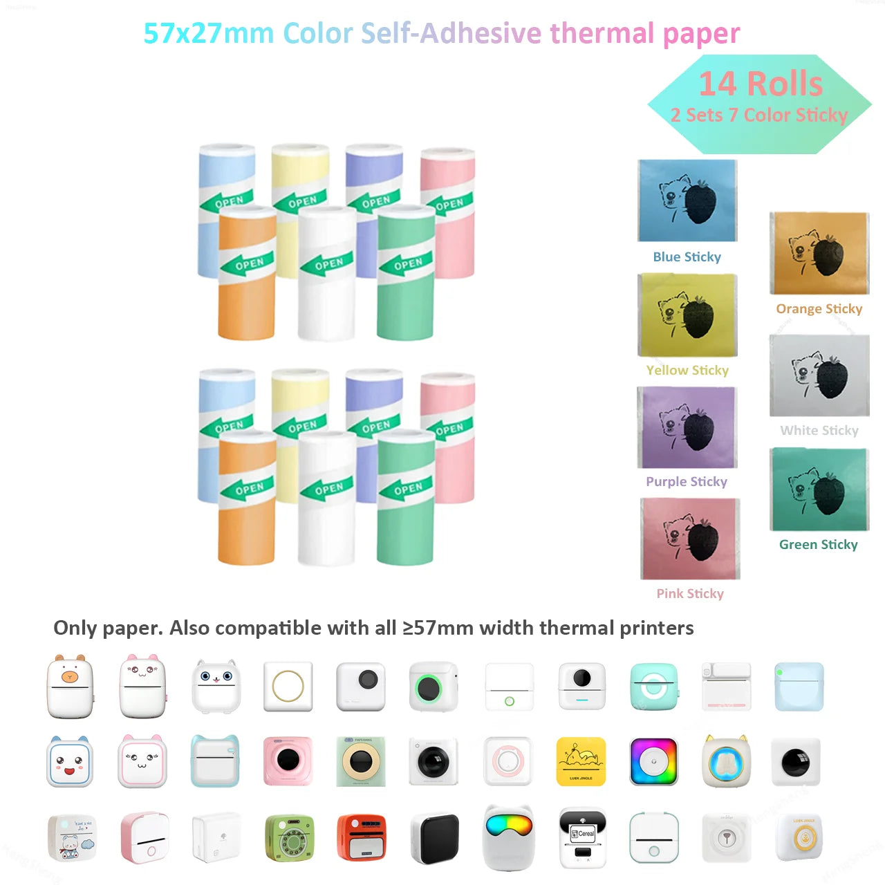 Mini Thermal Sticker Paper - 57mm Color Label Sheets for PeriPage PAPERANG Poooli Printers - ZOOMNSTORE