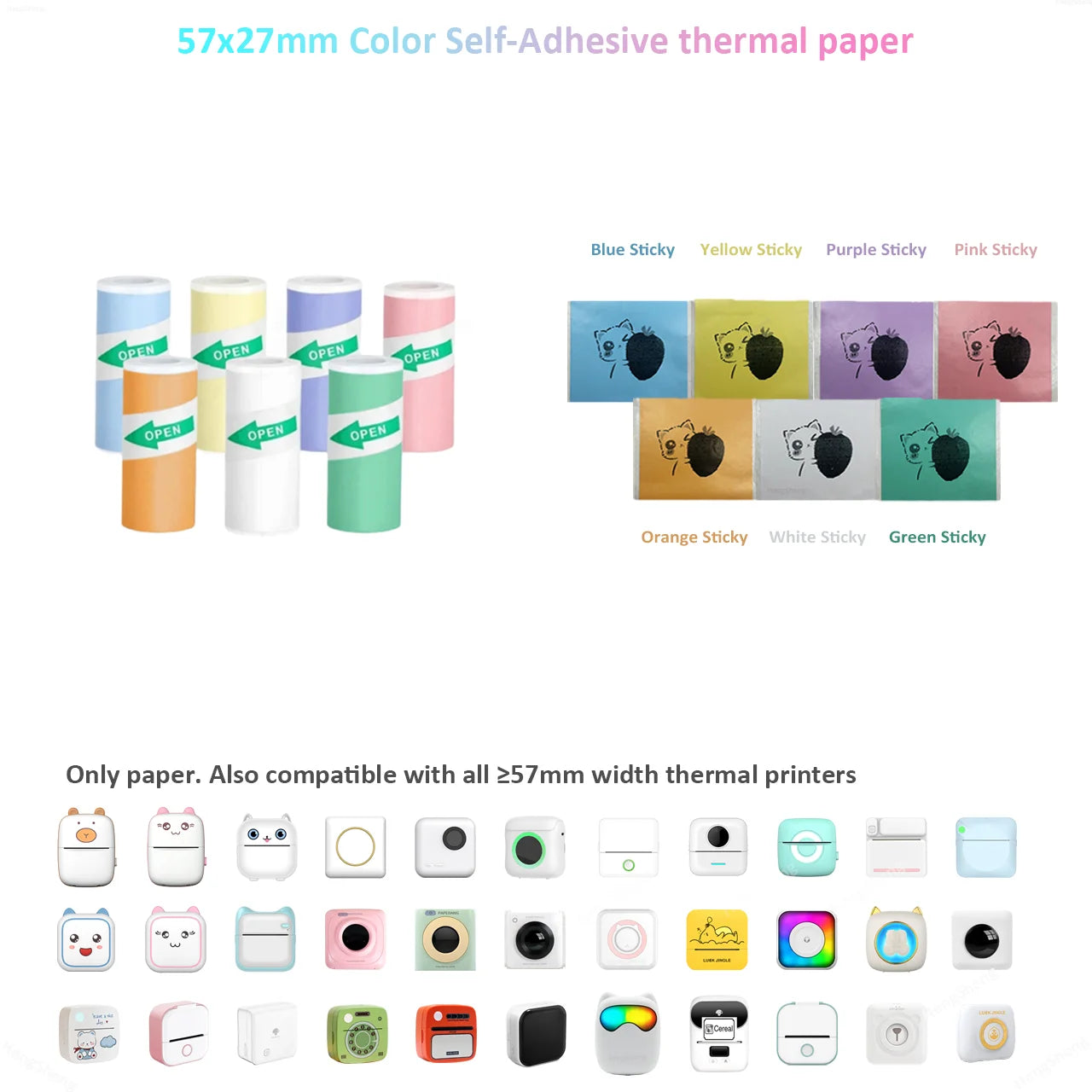 Mini Thermal Sticker Paper - 57mm Color Label Sheets for PeriPage PAPERANG Poooli Printers - ZOOMNSTORE