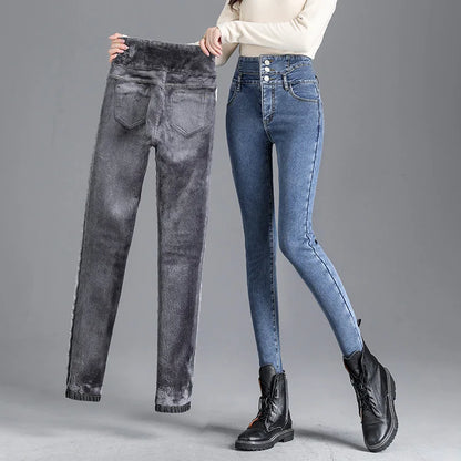 Thermal Winter Thick Fleece High-waist Warm Skinny Jeans Thick Women Stretch Button Pencil Pants Mom Casual Velvet Jeans - ZOOMNSTORE