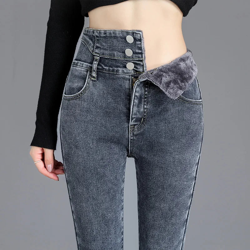 Thermal Winter Thick Fleece High-waist Warm Skinny Jeans Thick Women Stretch Button Pencil Pants Mom Casual Velvet Jeans - ZOOMNSTORE