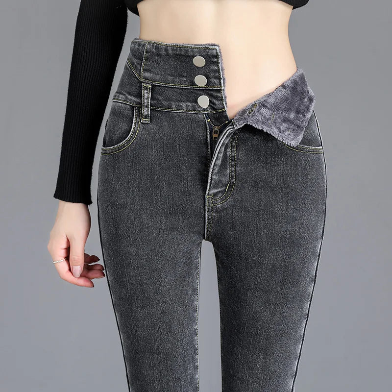 Thermal Winter Thick Fleece High-waist Warm Skinny Jeans Thick Women Stretch Button Pencil Pants Mom Casual Velvet Jeans - ZOOMNSTORE