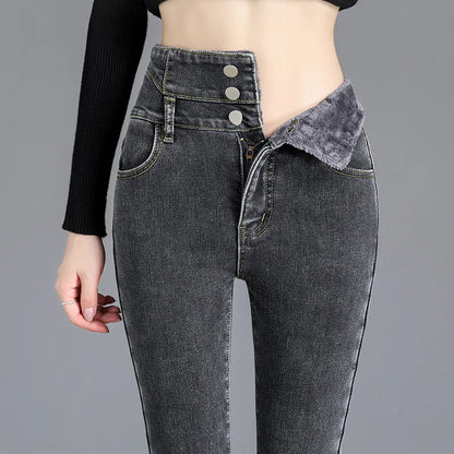 Thermal Winter Thick Fleece High-waist Warm Skinny Jeans Thick Women Stretch Button Pencil Pants Mom Casual Velvet Jeans - ZOOMNSTORE