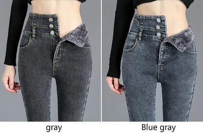 Thermal Winter Thick Fleece High-waist Warm Skinny Jeans Thick Women Stretch Button Pencil Pants Mom Casual Velvet Jeans - ZOOMNSTORE