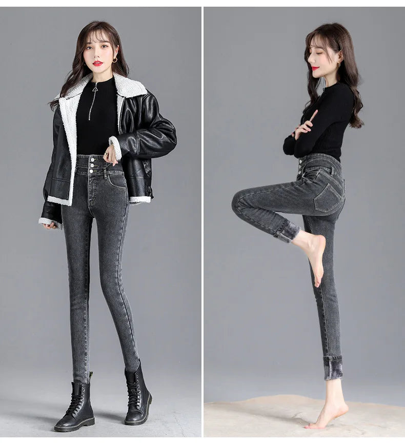 Thermal Winter Thick Fleece High-waist Warm Skinny Jeans Thick Women Stretch Button Pencil Pants Mom Casual Velvet Jeans - ZOOMNSTORE