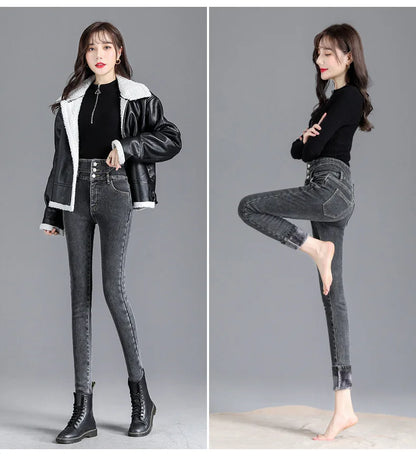 Thermal Winter Thick Fleece High-waist Warm Skinny Jeans Thick Women Stretch Button Pencil Pants Mom Casual Velvet Jeans - ZOOMNSTORE