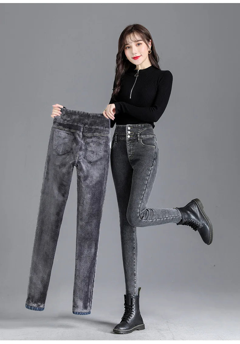 Thermal Winter Thick Fleece High-waist Warm Skinny Jeans Thick Women Stretch Button Pencil Pants Mom Casual Velvet Jeans - ZOOMNSTORE