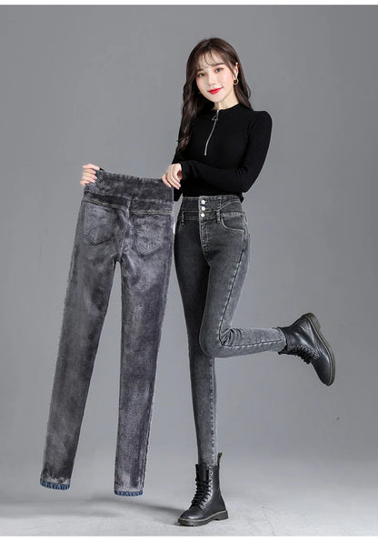 Thermal Winter Thick Fleece High-waist Warm Skinny Jeans Thick Women Stretch Button Pencil Pants Mom Casual Velvet Jeans - ZOOMNSTORE