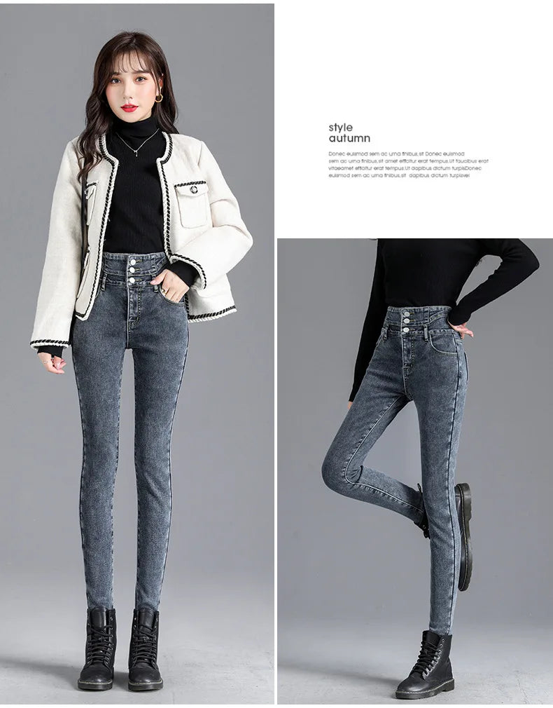 Thermal Winter Thick Fleece High-waist Warm Skinny Jeans Thick Women Stretch Button Pencil Pants Mom Casual Velvet Jeans - ZOOMNSTORE