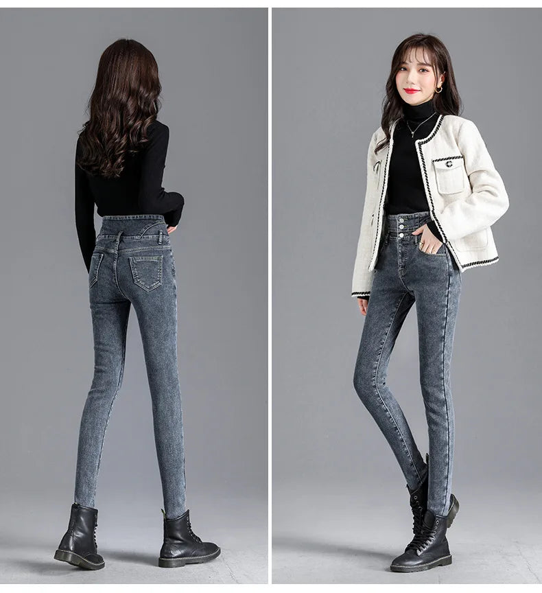Thermal Winter Thick Fleece High-waist Warm Skinny Jeans Thick Women Stretch Button Pencil Pants Mom Casual Velvet Jeans - ZOOMNSTORE