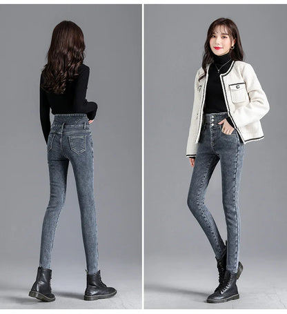 Thermal Winter Thick Fleece High-waist Warm Skinny Jeans Thick Women Stretch Button Pencil Pants Mom Casual Velvet Jeans - ZOOMNSTORE