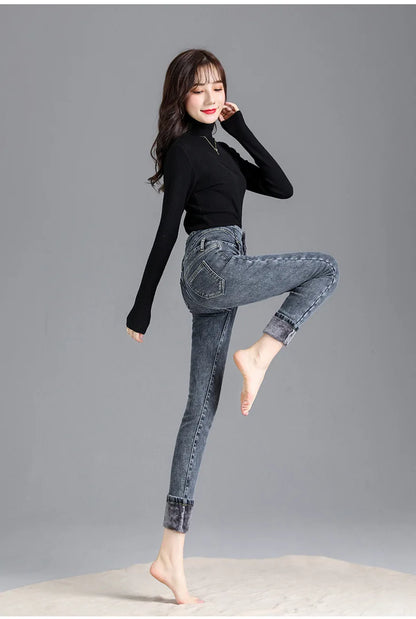 Thermal Winter Thick Fleece High-waist Warm Skinny Jeans Thick Women Stretch Button Pencil Pants Mom Casual Velvet Jeans - ZOOMNSTORE