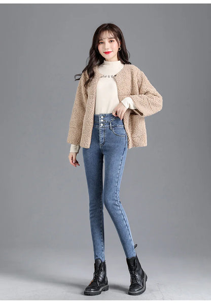 Thermal Winter Thick Fleece High-waist Warm Skinny Jeans Thick Women Stretch Button Pencil Pants Mom Casual Velvet Jeans - ZOOMNSTORE