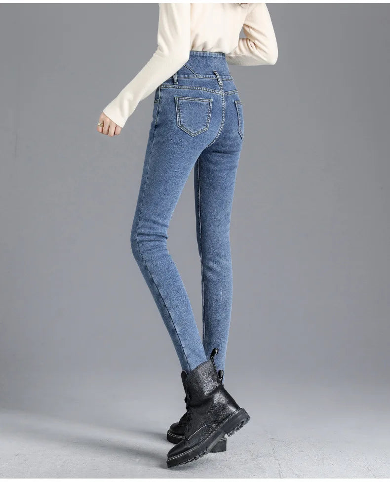 Thermal Winter Thick Fleece High-waist Warm Skinny Jeans Thick Women Stretch Button Pencil Pants Mom Casual Velvet Jeans - ZOOMNSTORE