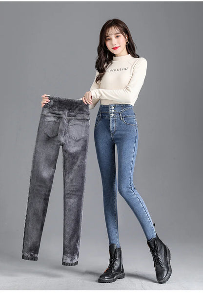 Thermal Winter Thick Fleece High-waist Warm Skinny Jeans Thick Women Stretch Button Pencil Pants Mom Casual Velvet Jeans - ZOOMNSTORE