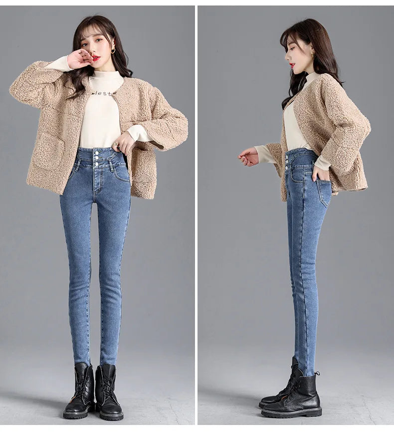 Thermal Winter Thick Fleece High-waist Warm Skinny Jeans Thick Women Stretch Button Pencil Pants Mom Casual Velvet Jeans - ZOOMNSTORE