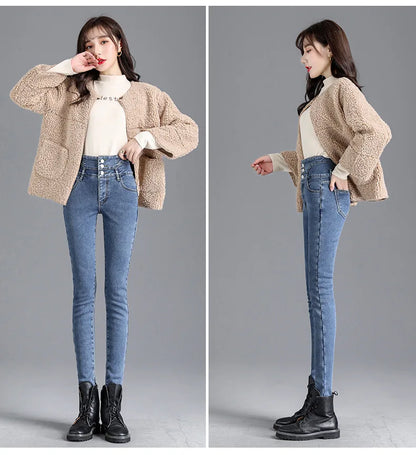 Thermal Winter Thick Fleece High-waist Warm Skinny Jeans Thick Women Stretch Button Pencil Pants Mom Casual Velvet Jeans - ZOOMNSTORE