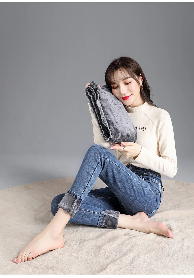 Thermal Winter Thick Fleece High-waist Warm Skinny Jeans Thick Women Stretch Button Pencil Pants Mom Casual Velvet Jeans - ZOOMNSTORE