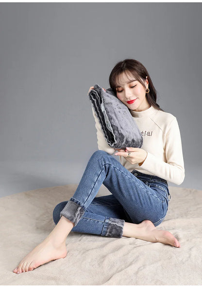 Thermal Winter Thick Fleece High-waist Warm Skinny Jeans Thick Women Stretch Button Pencil Pants Mom Casual Velvet Jeans - ZOOMNSTORE
