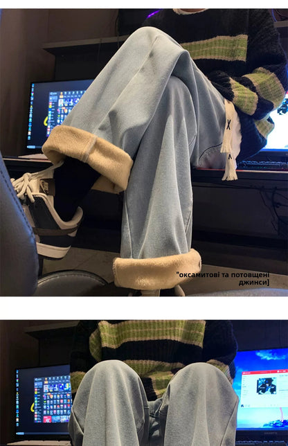 Thiened Fce Lined Thi High Waist Loose Fits Jeans Womens Winter Straight Leg Wide Leg Trousers Wear Resistd Denimcloth... - ZOOMNSTORE