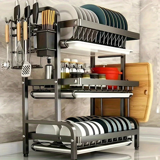 Three-Tier Dish Rack - Space-Saving Utensil Holder  Large Capacity Drainer - ZOOMNSTORE