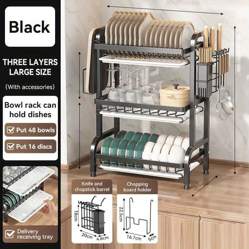 Three-Tier Dish Rack - Space-Saving Utensil Holder  Large Capacity Drainer - ZOOMNSTORE