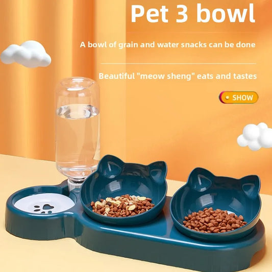 Tilted Cat Bowl Set - 3-in-1 Water Feeder with Gravity Bottle and Ear Design - ZOOMNSTORE